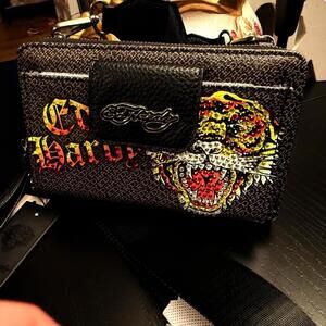 Ed Hardy Tiger Logo Rhinestone Wallet Crossbody Wristlet Black NWT